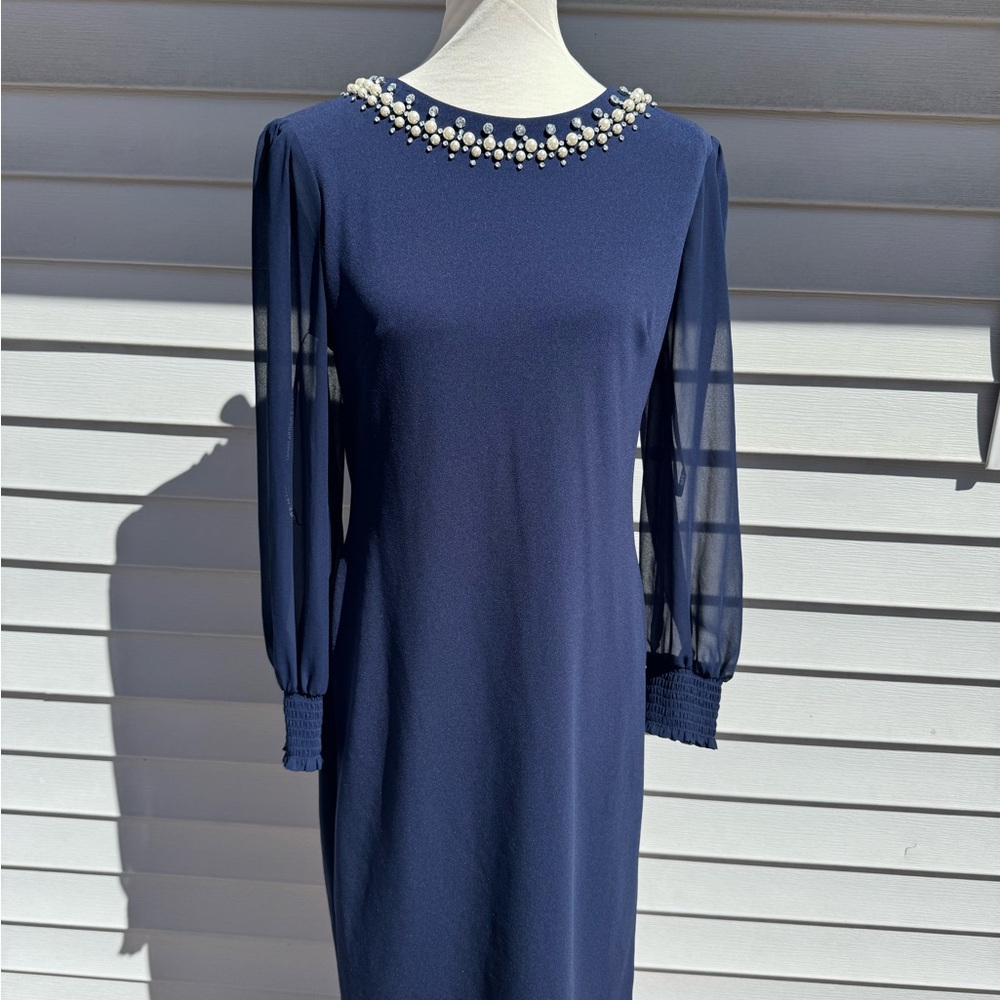 Tahari Embellished Collar Sheath Dress Sheer Long Sleeves wedding